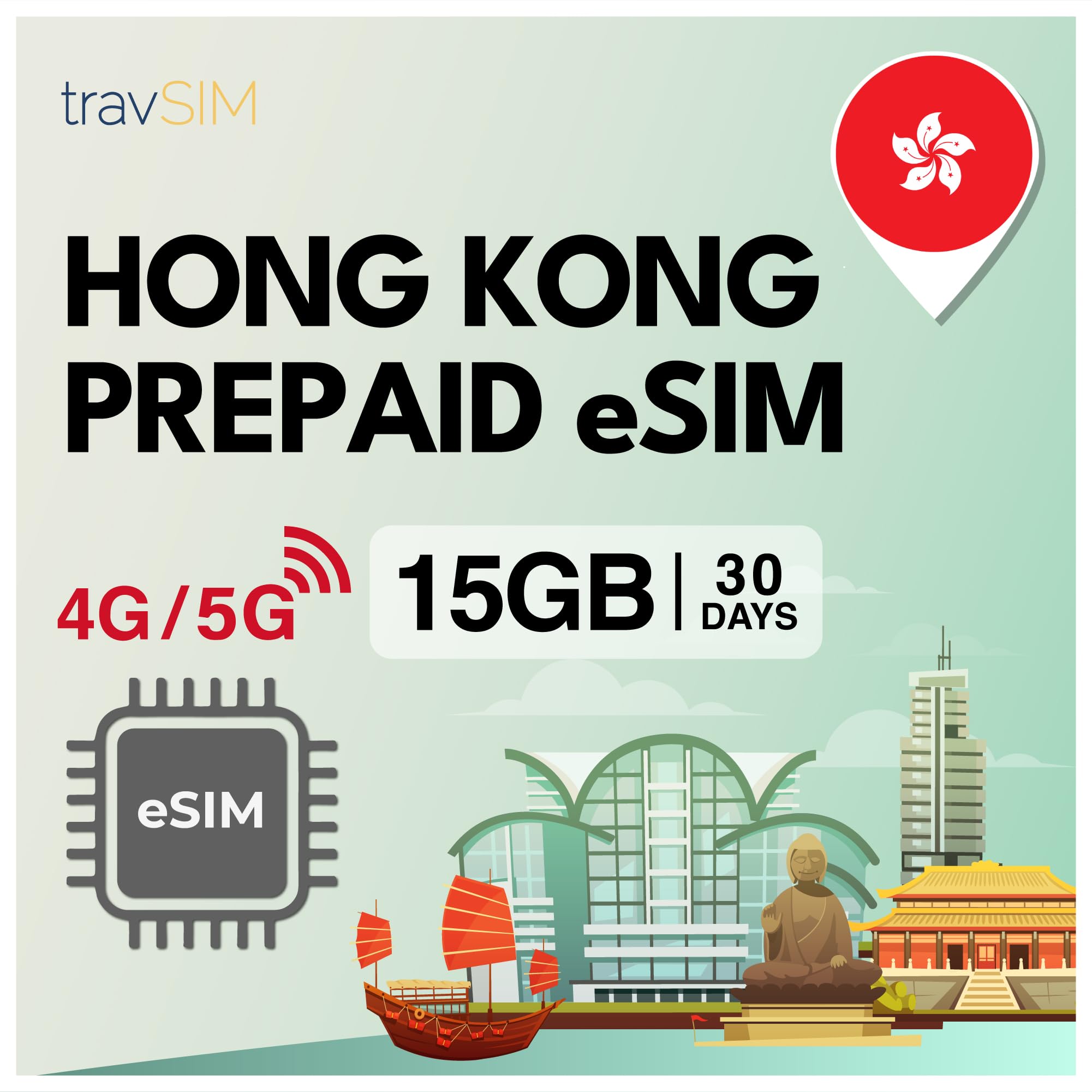 travSIM eSIM Hong Kong | 30 días – 15 GB de Datos SIM | Datos de Alta Velocidad 5G/4G | Acceso Ilimitado a Internet para Google, Facebook, Whatsapp, Instagram y más