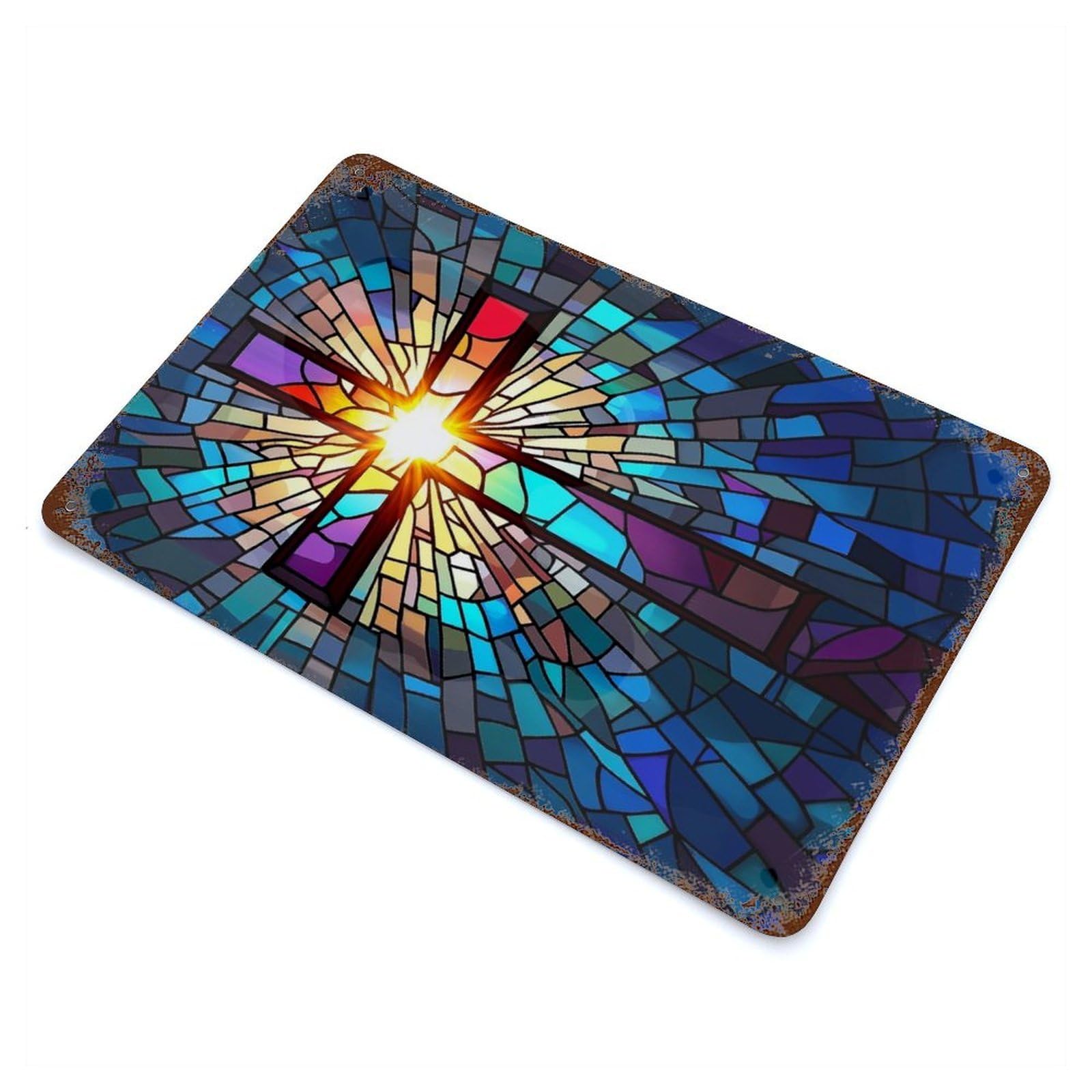 Stained Glass Cross Decorative Tin Sign 11.8"x7.9", Ideal for Cafe, Home Bar And Lounge Decor
