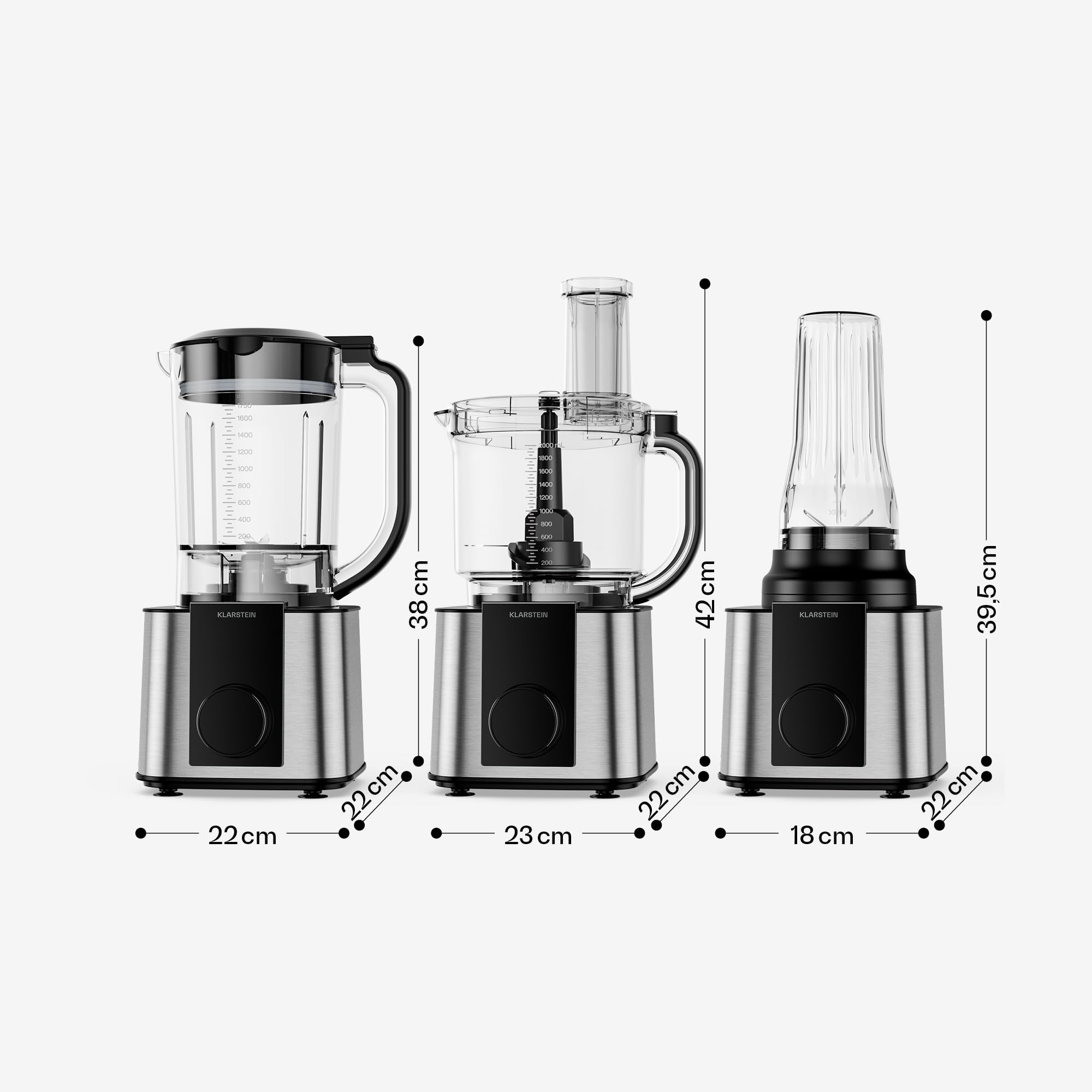 Klarstein Verosteel Robot da Cucina con Frullatore - Robot da cucina multifunzione da 1200 W, ciotola da 2 L, frullatore da 1,75 L, 10 velocità, 6 programmi, spremiagrumi e tritacarne