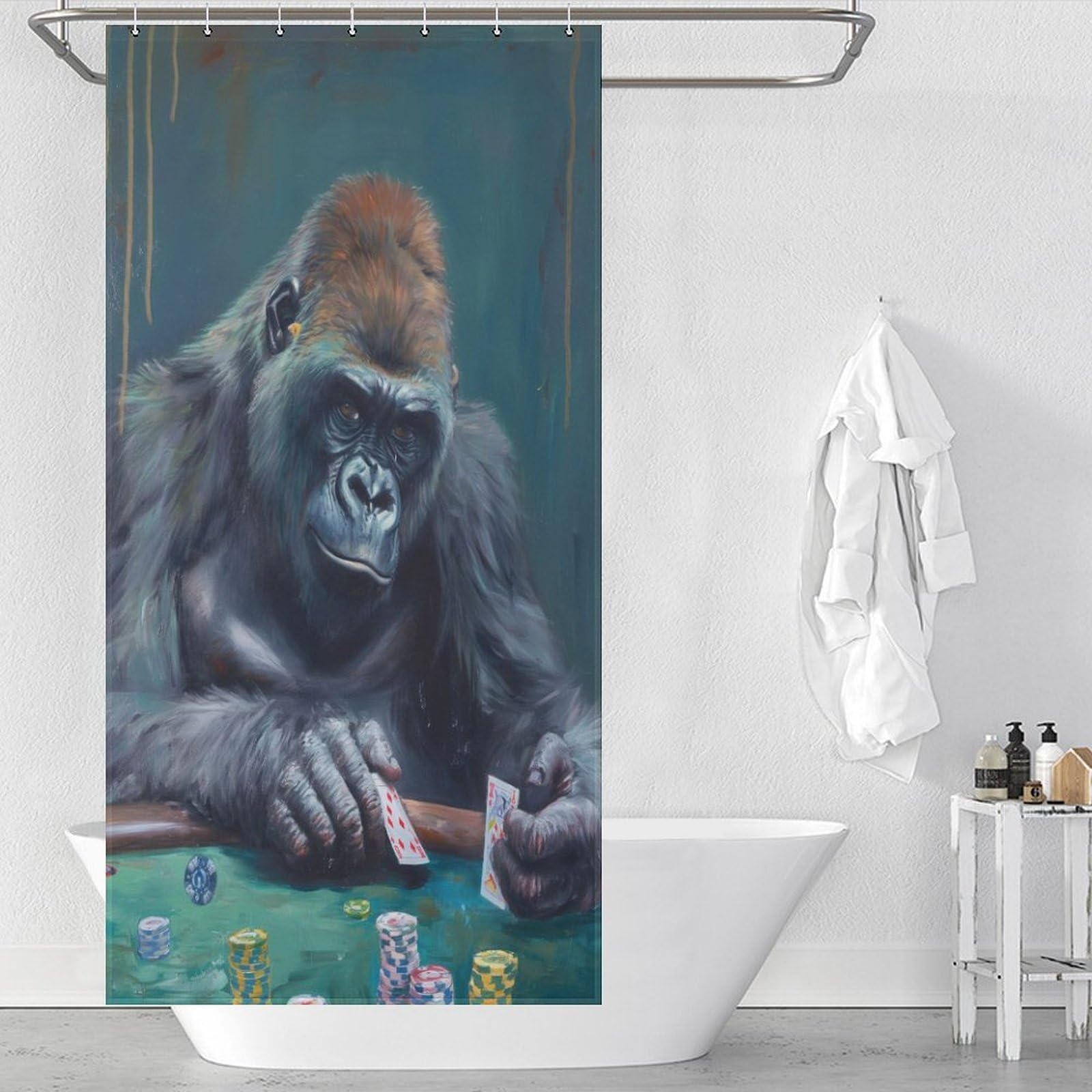 Rideau de bain gorille jouant au poker lavable pour decoration de salle de bain 90x180cm