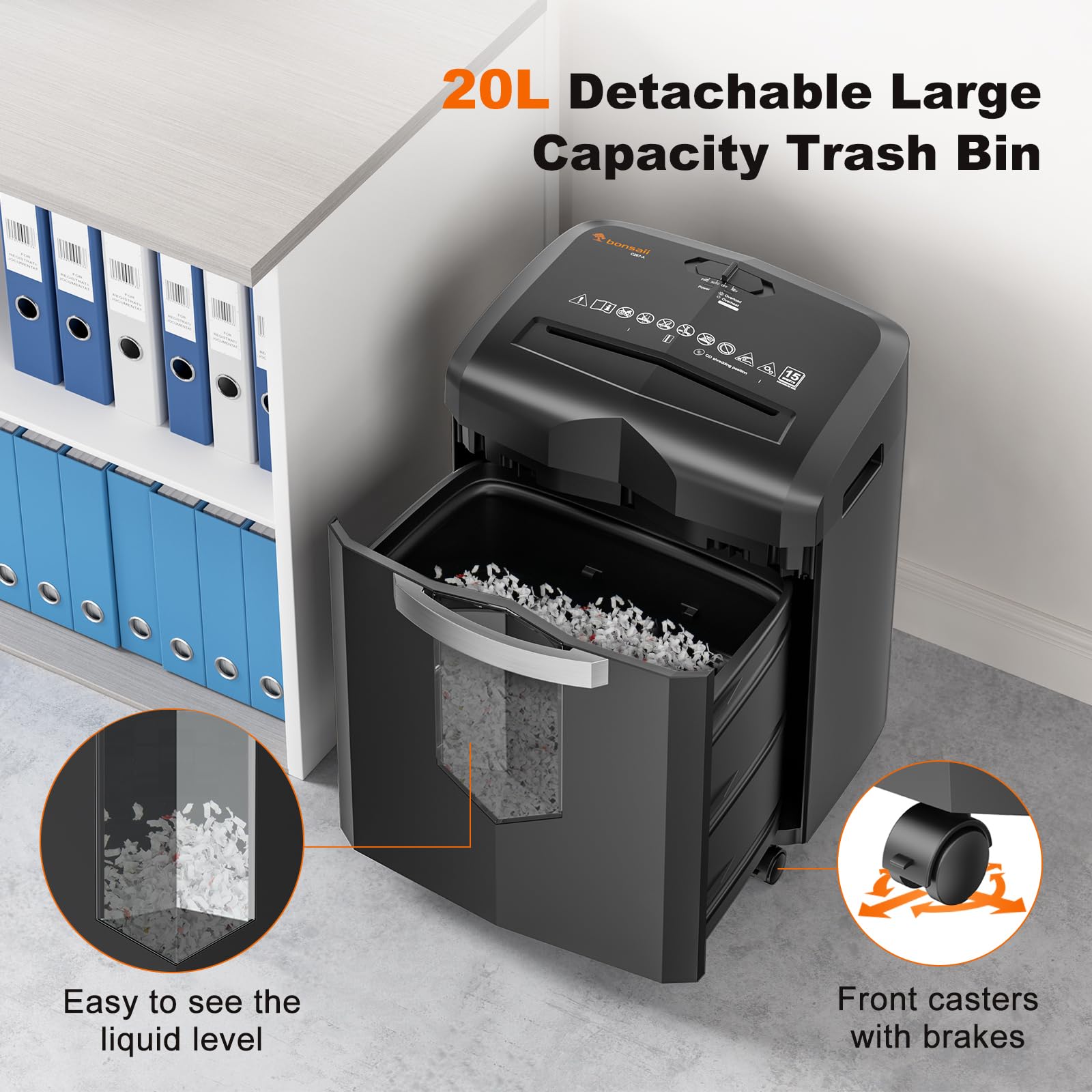 Bonsaii trituradora de Papel de 15 Hojas, destructora de Papel P4, Puede triturar CD, Tarjetas de crédito y Grapas, prevención de Atascos de Papel, un contenedor de 20L y Ruedas con Frenos(C267-A)
