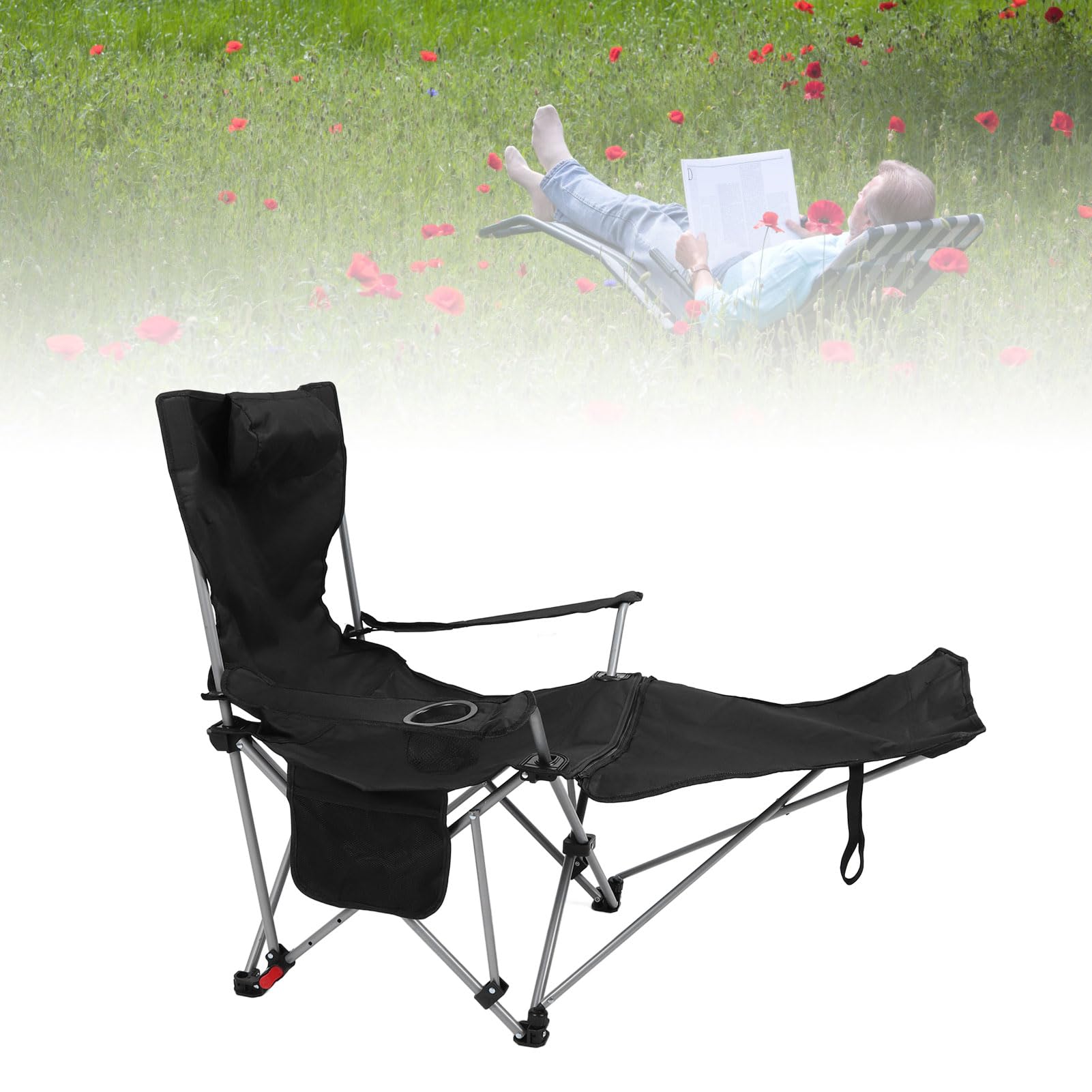 aqxreight 900D Oxford Camping Lounge Fotela - 4 Pozycyjny Fotelik z Odłączanym Podnóżkiem do Relaksu na świeżym Powietrzu (BLACK)