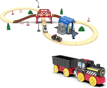 Toy Electric Train Set for Wooden Tracks, Battery Powered Motorized Trains Toys with 52Pcs Railway System Compatible with Thomas & Friends, Brio