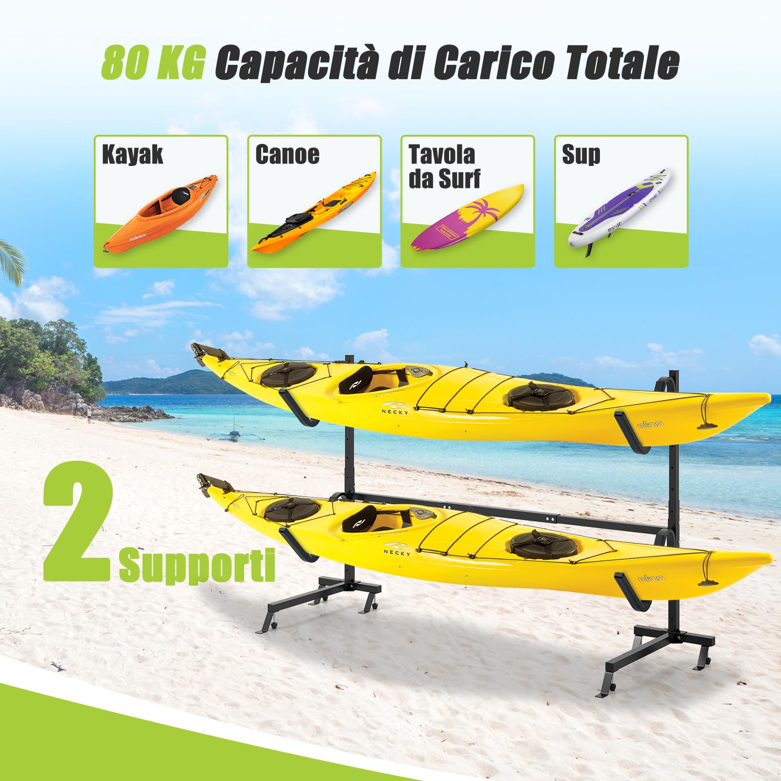 COSTWAY Porta-Kayak Autoportante, Rastrelliera per Kayak con Base Larga, Piedi Regolabili e Coperture Imbottite, Scaffale autoportante per Canoa per SUP e Canoe, Portata 80 kg