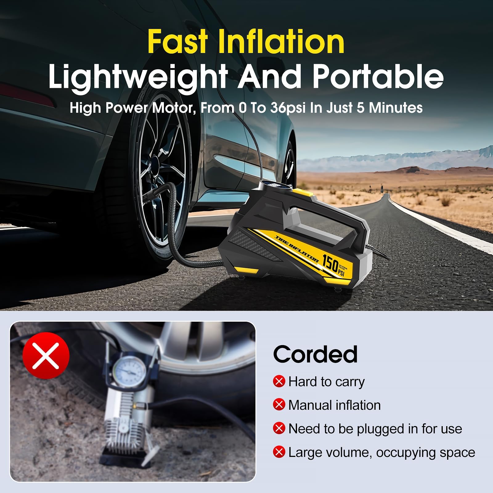 FLYKID Tire Inflator Portable Air Compressor- 12V DC Air Pump for Car Tires with 150PSI LCD Digital Gauge & Emergency LED Light,Auto Tire Pump for Cars,Motorcycles,Bikes,Balls - 3