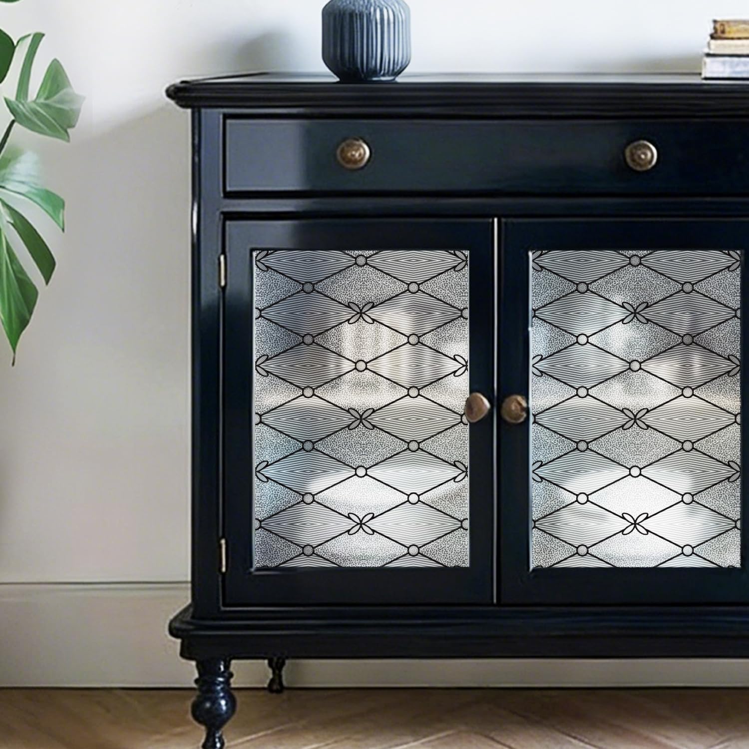 Original Hand-Drawn Window Privacy Film Leaded Glass for Glass Window and Cabinet, 16.93"x84.65", Diamond Flora
