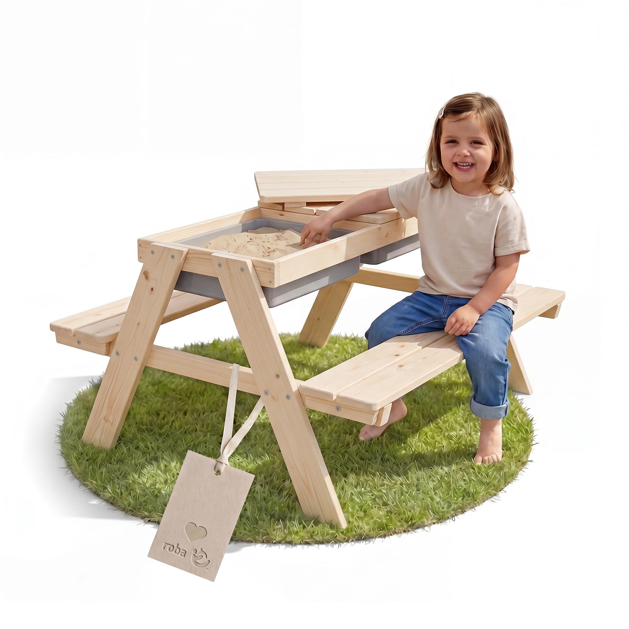 roba set di seduta per bambini “PLAY for 4” Outdoor+ con vaschette da gioco, set in legno massiccio e tavolo per fango