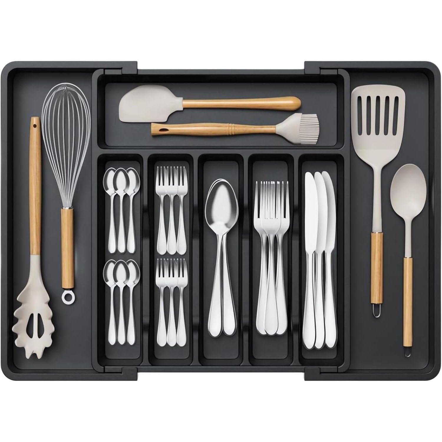 Aliensware Expandable Drawer Organizer, BPA Free Utensil, Adjustable Flatware & Cutlery Holder/Divider Tray for Spoons Forks, Knives Kitchen Tableware Storage -13-22.4 X 15 X 2 inch(8-Slots/Black)