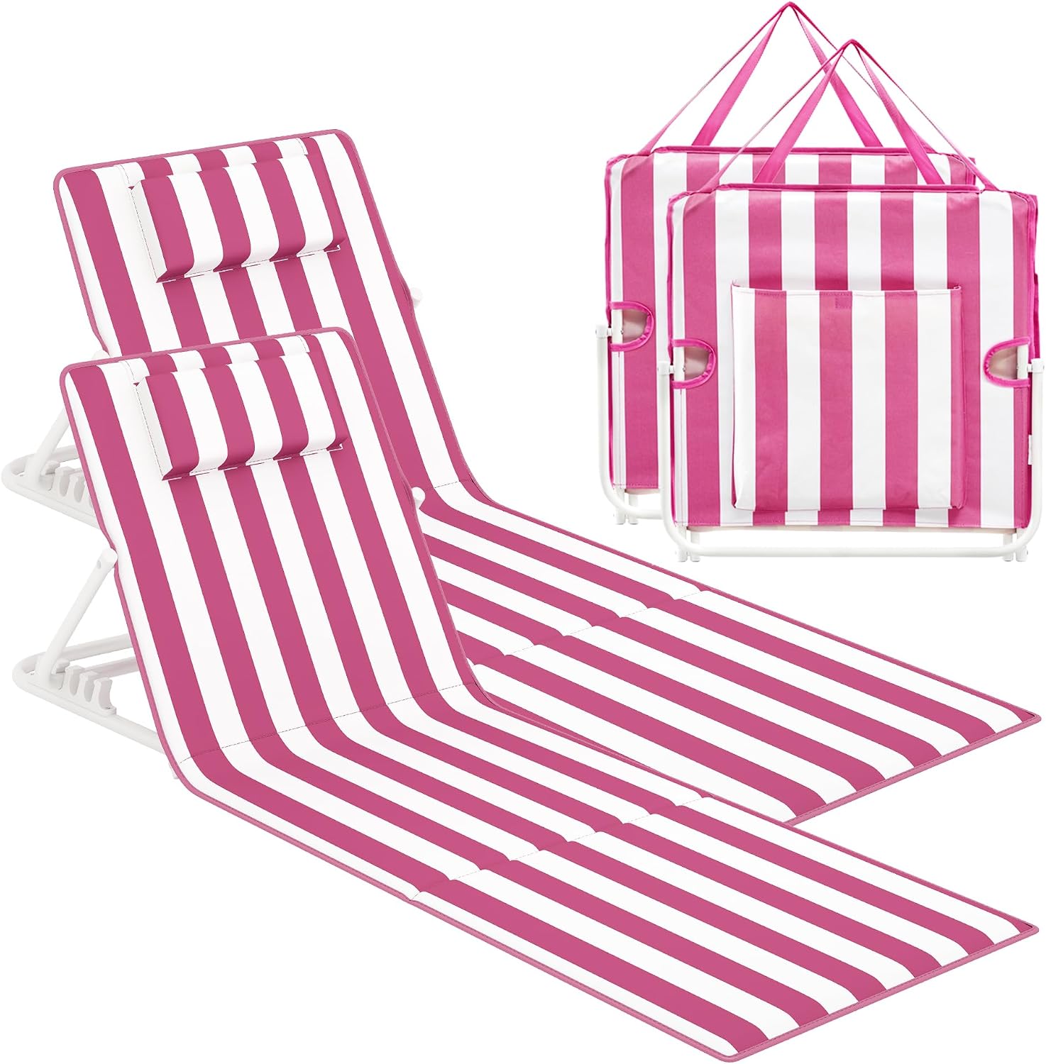 SONGMICS Set of 2 Folding Beach Sunloungers, Deck Beach Chairs Mats, Reclining Backrest, Lightweight Portable with Handle, Camping Garden Pool, 158 x 55 cm, Strawberry Red and Cloud White GCB251SZ02