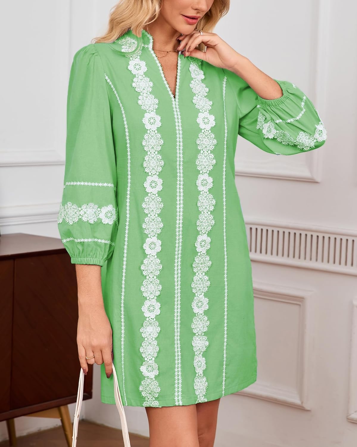 Women's Lace Floral Tunic Dress 3/4 Puff Sleeve V Neck 3D Embroidered Mini Dress - Image 2