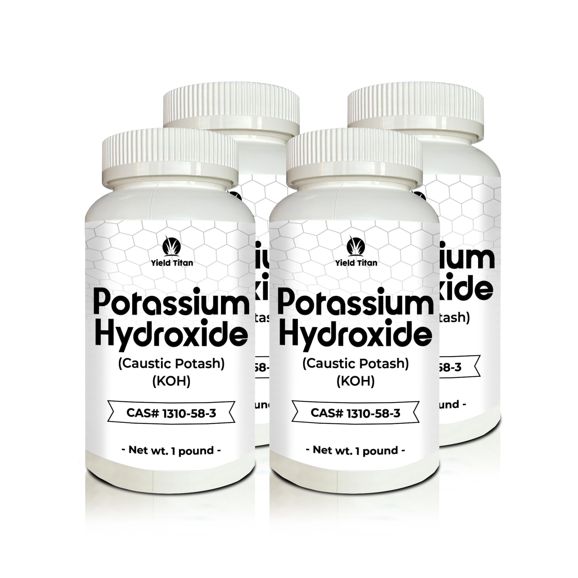 Yield Titan High Purity Potassium Hydroxide (Caustic Potash) KOH - Used in Cleaning Products/Pharmaceuticals (99.0%) (4 Bottles)