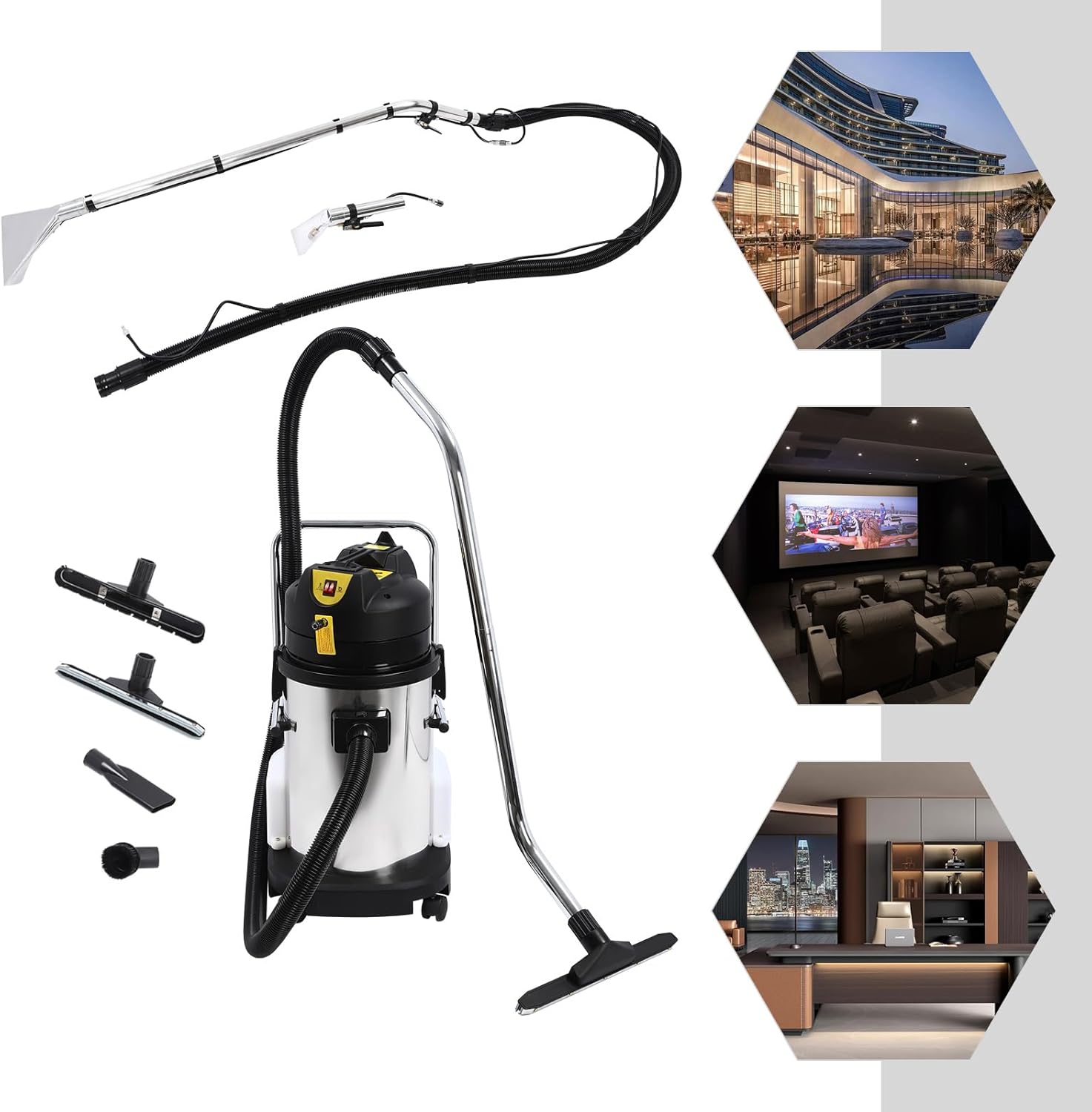 30L Commercial Carpet Cleaning Machine, Professional 3 in 1 Extractor Vacuum Washing Machine Floor Cleaning Machine with Long Flat/Water/Dust Vacuum Head for Hotels, Offices