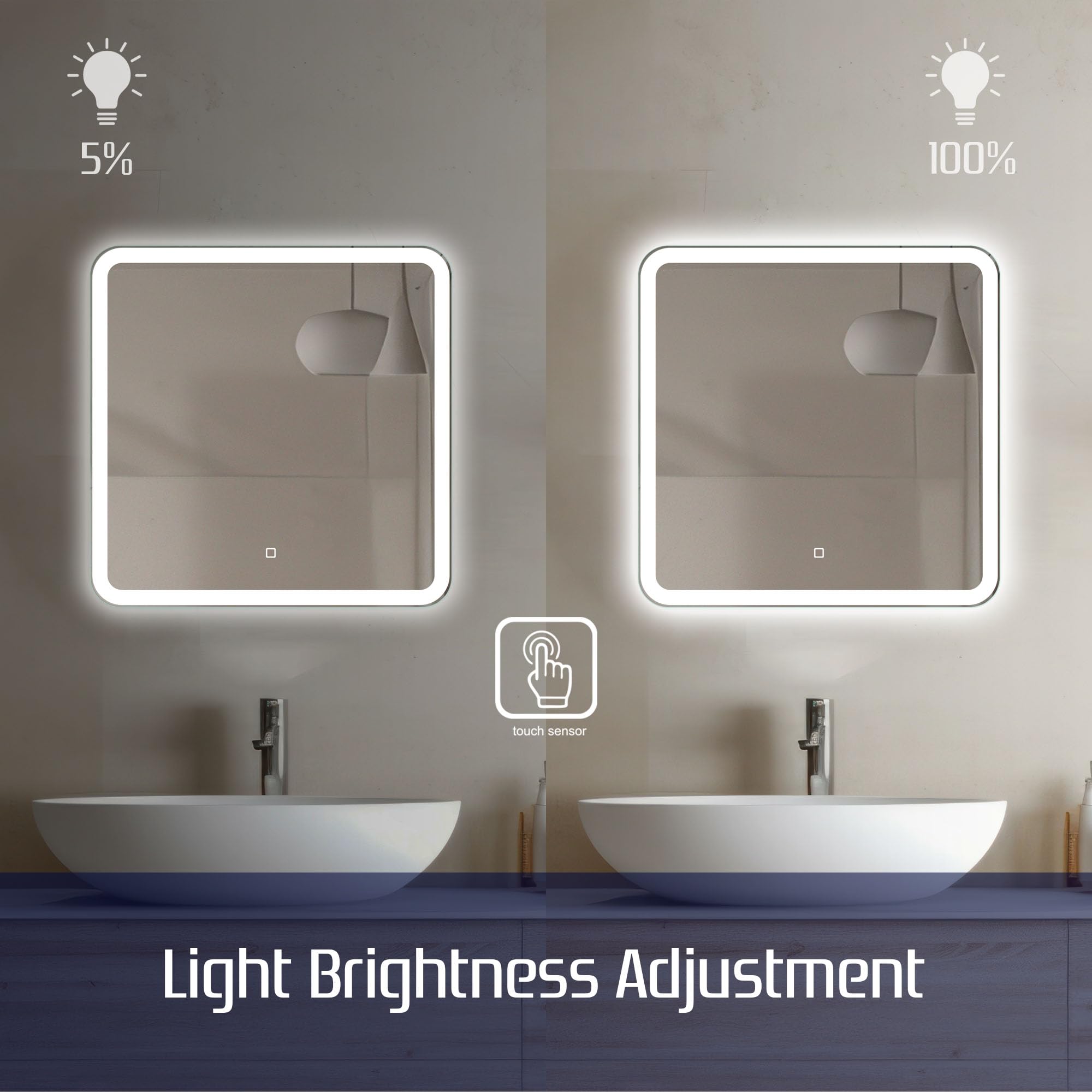 60 cm Kwadratowe Lustro Łazienkowe z Oświetleniem LED Podświetlone Lustro z Włącznikiem Zaokrąglone Kwadratowe Lustro Łazienkowe z Naturalnym Białym Światłem Podświetlane z Przodu