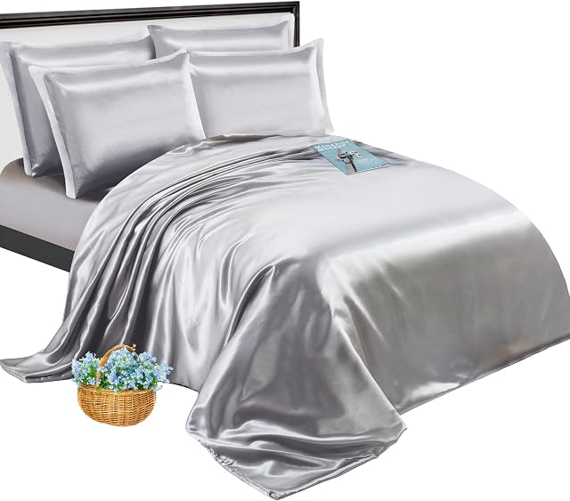 Silver Double 6 Piece Silky Duvet Cover Set Satin Bedding (Silver, Double)