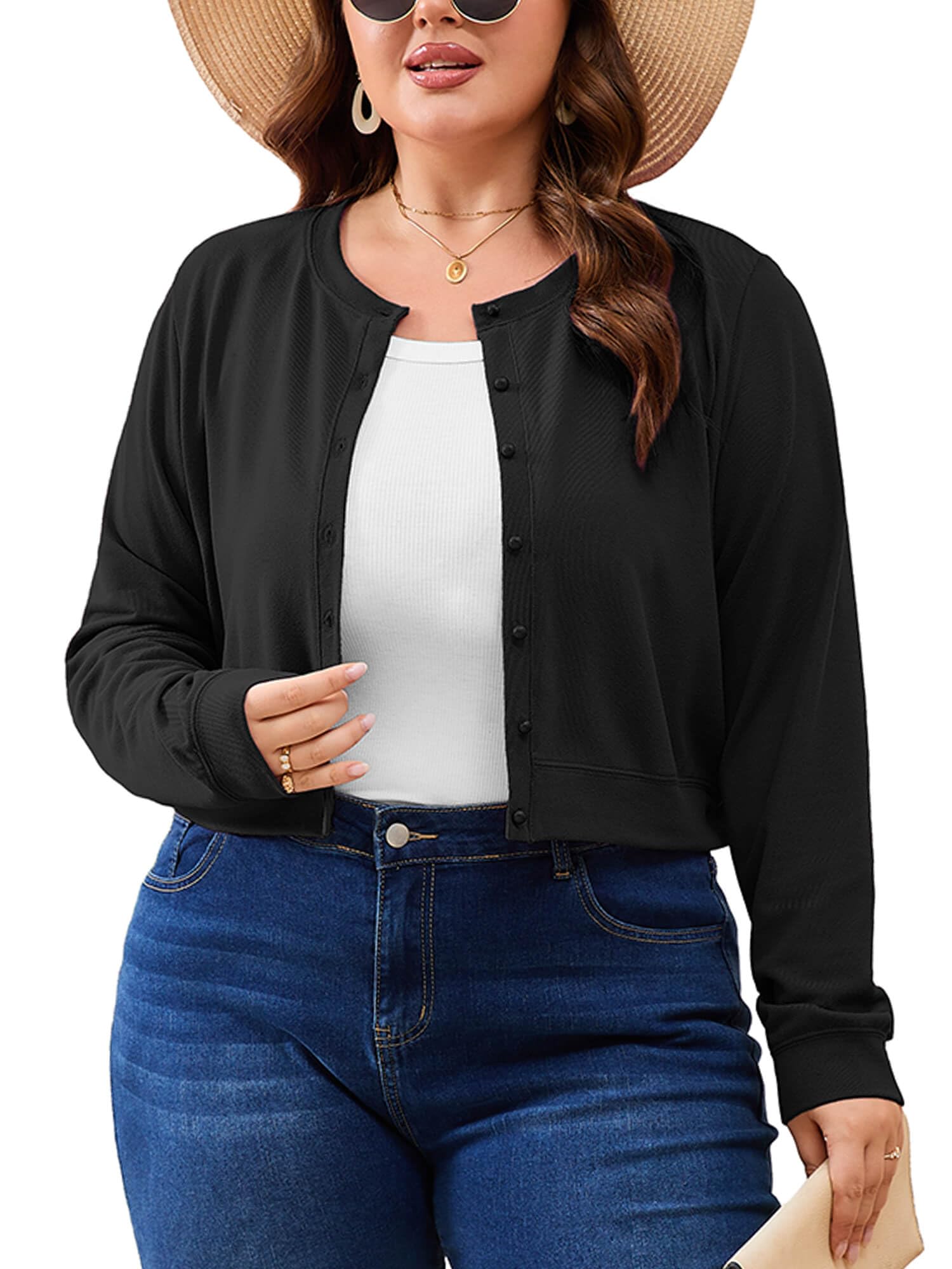 Photo 1 of AusLook Plus Size Cropped Black Cardigan for Women Lightweight Button Front Knit Sweater Crew Neck Long Sleeve Short 1X Cardigan Casual Layering Cardigan for Dresses Summer Outfit - 1X