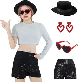 4 Pcs Halloween Singer Costume Black Bowler Hat Heart Earrings Sunglasses Sequins Shorts for Music Festival Concert