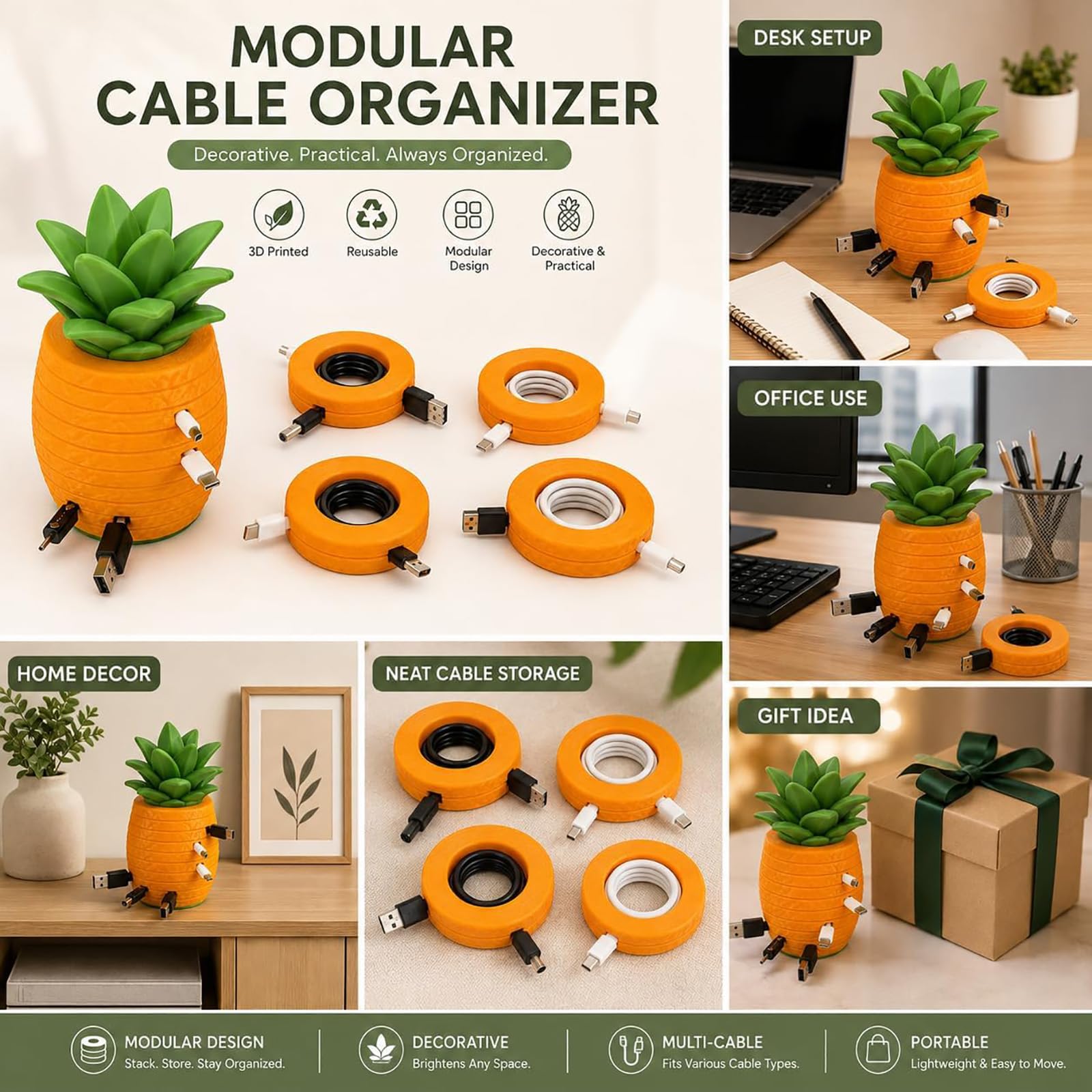 Organizzatore di cavi ad ananas, portacavi da scrivania modulare (2pc) | Costruzione in plastica stampata in 3D, dischi di avvolgimento S M L XL, cavi di ricarica, auricolari