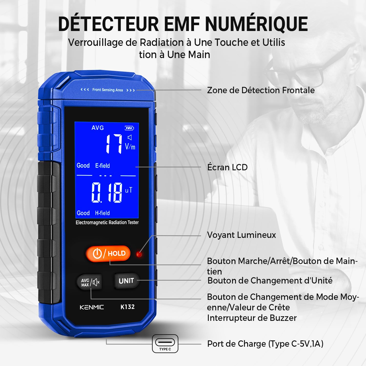 Détecteur EMF, Détecteur de Champ électromagnétique Portable avec écran LCD numérique, Adapté aux inspections EMF à Domicile et en extérieur et à la Chasse aux fantômes - Bleu