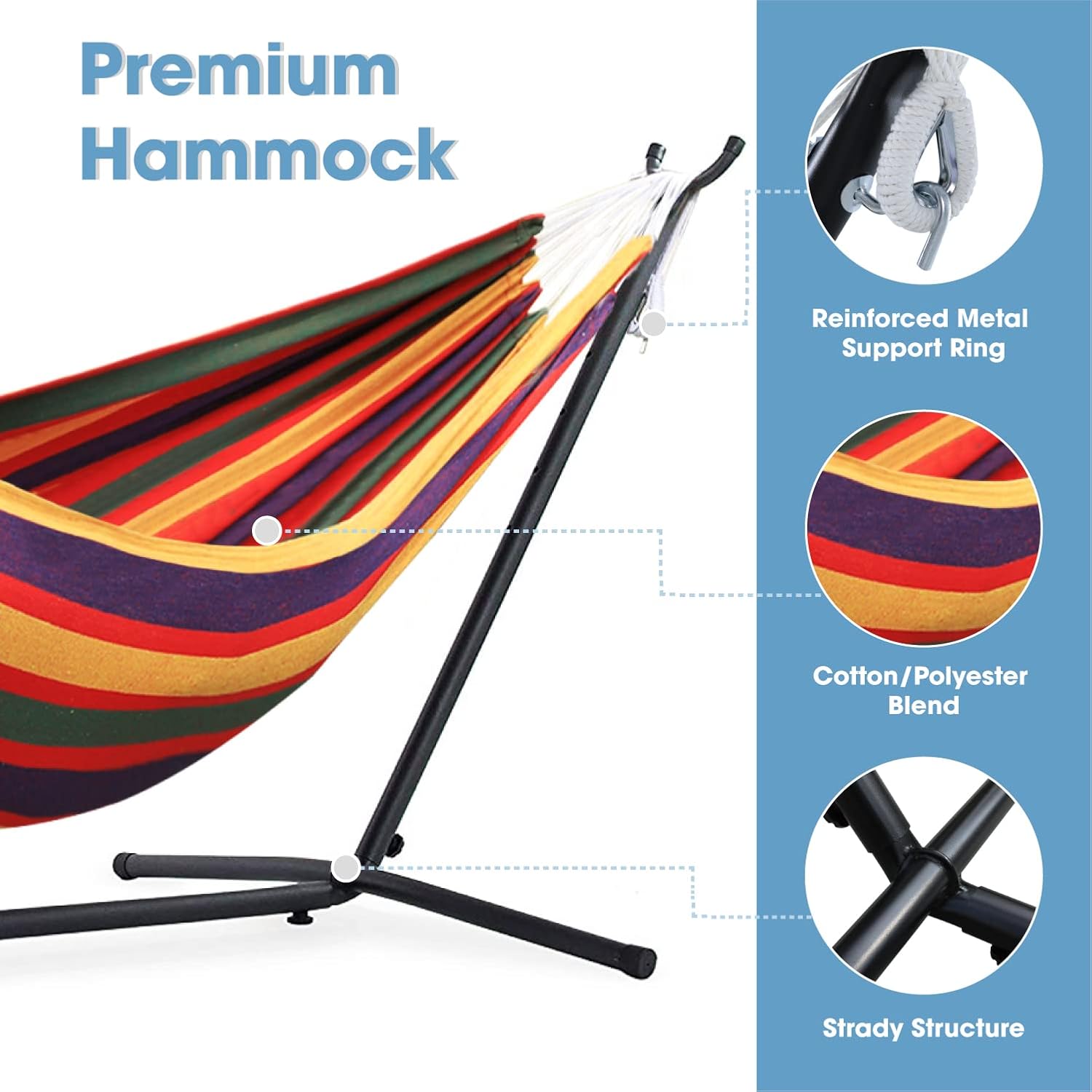 550lbs Capacity Double Hammock Adjustable Hammock Bed with 10ft Heavy Duty Steel Stand Includes Portable Carrying Case, Easy Set up Rainbow Stripe C