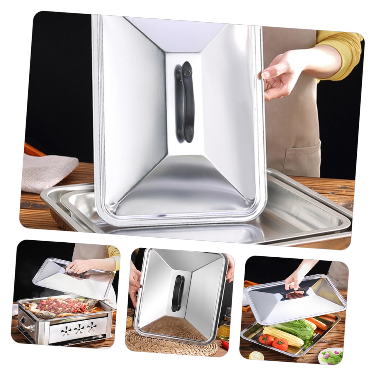 Coperchio Barbecue Protezione Cibo Resistente e Pratica Rettangolare in Acciaio Inossidabile per Teglia Alimentare per Cucina e Hotel