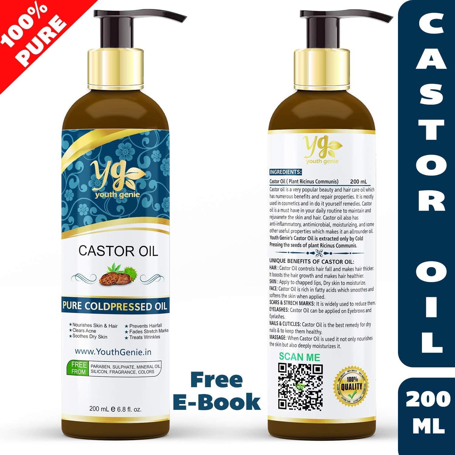 Youth Genie Castor Oil for Hair Growth 100% Natural Cold pressed Moisturizing & Healing For Dry Skin Long Eyelashes No Paraben No Mineral Oil 200 ML