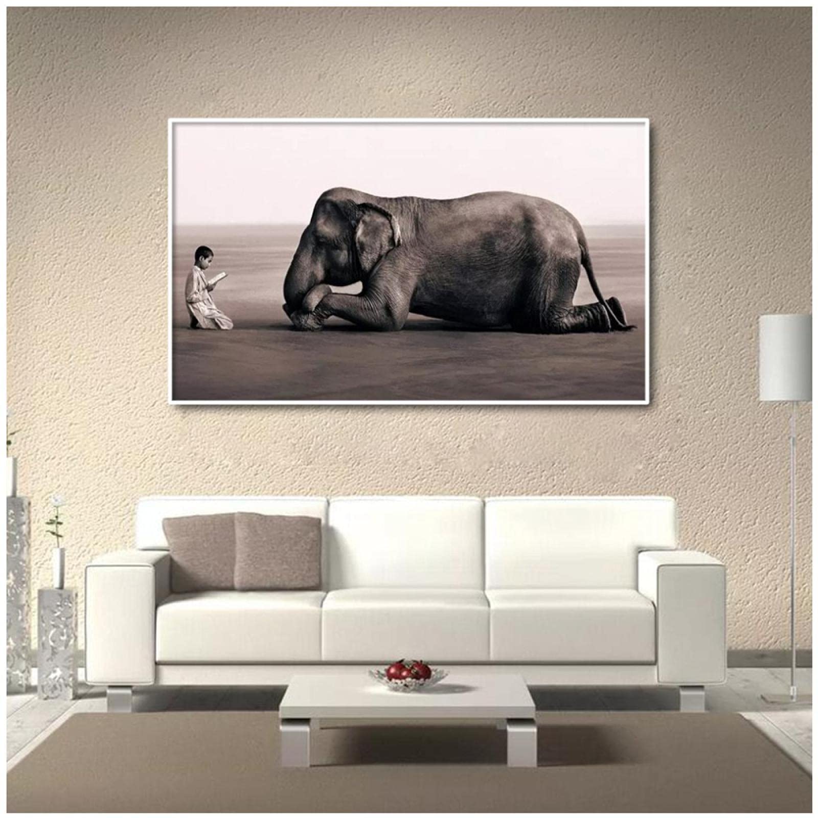 SXKJ Ragazzo che legge all'elefante della tela di canapa Pittura Zen Poster e stampe Wall Art Animali Immagini per soggiorno Home Art Decor 40x80cm Senza cornice