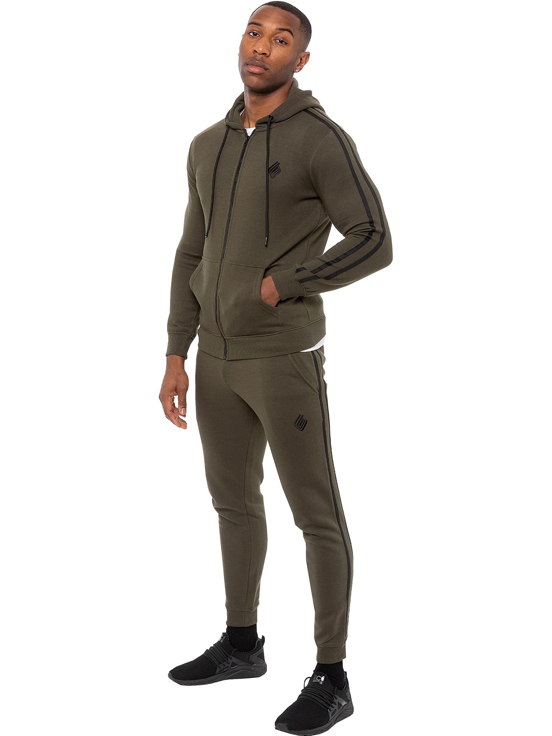 Enzo Mens Full Tracksuit Set Regular Fit Striped Casual Zip Up Hoodie Joggers Gym Jogging Bottoms Hoody Top Sweat Pants Size S - XXL (Khaki, XL, x_l)