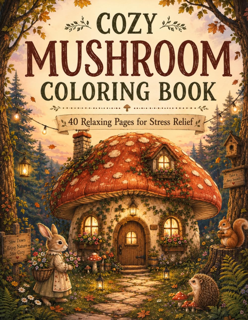 Cozy Mushroom Coloring Book: 40 relaxing Cute Woodland Mushroom Designs for Relaxation, Stress Relief, Mindfulness & Creative Fun