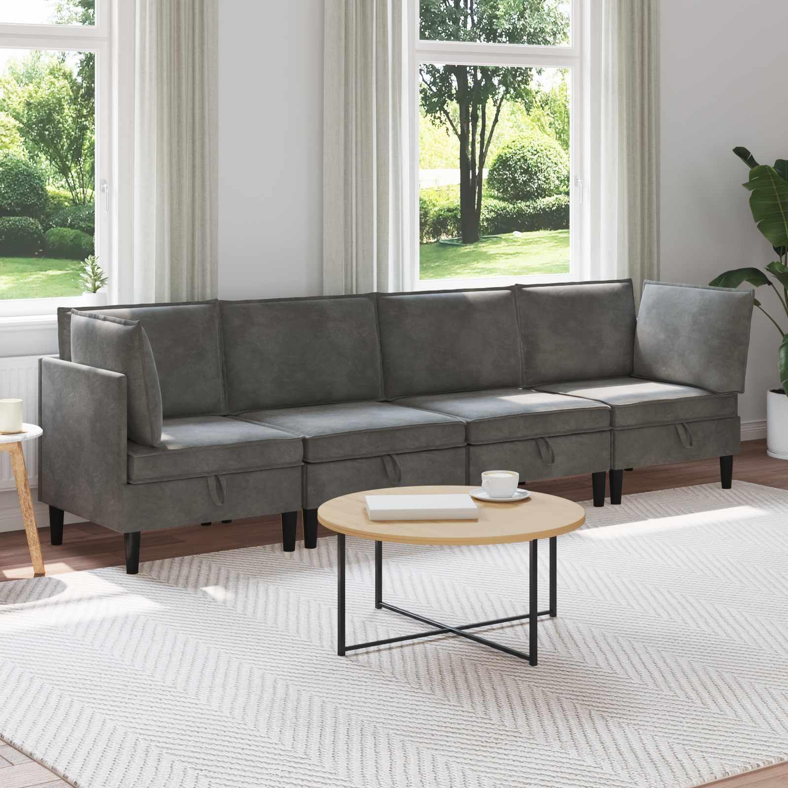 Conjunto de muebles de salón de 4 piezas gris oscuro aterciopelado, sofá moderno con asientos tapizados y almacenamiento, Fusion Terciopelo y contrachapado para durabilidad y elegancia, diseño