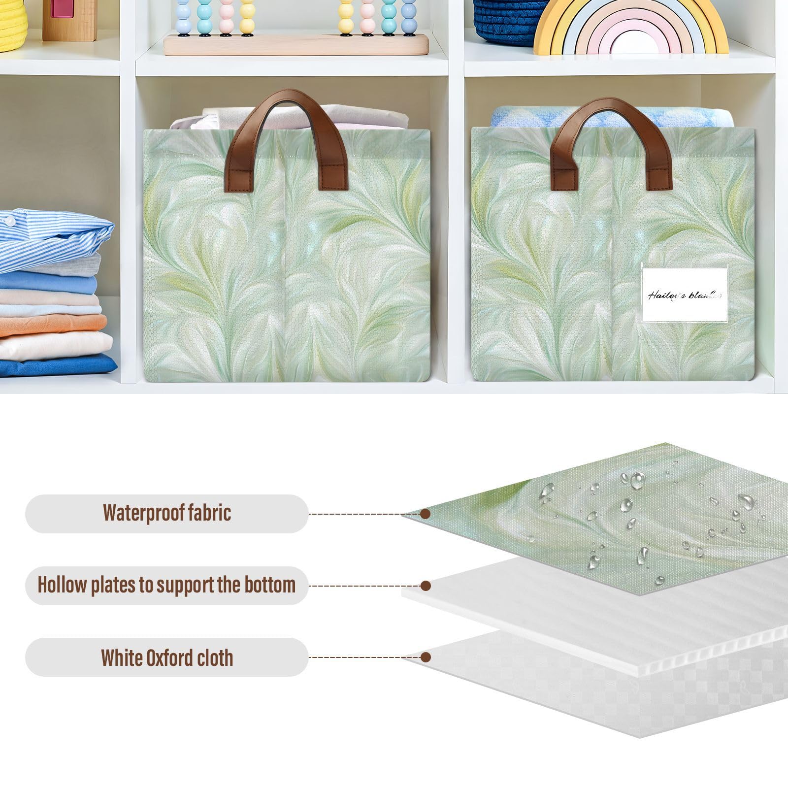 KLL Dreamy zielone białe kosze do przechowywania na półki z uchwytami organizer sześcienny do sypialni, salonu, organizacji domu, 2-pak cajas de almacenamiento para closet