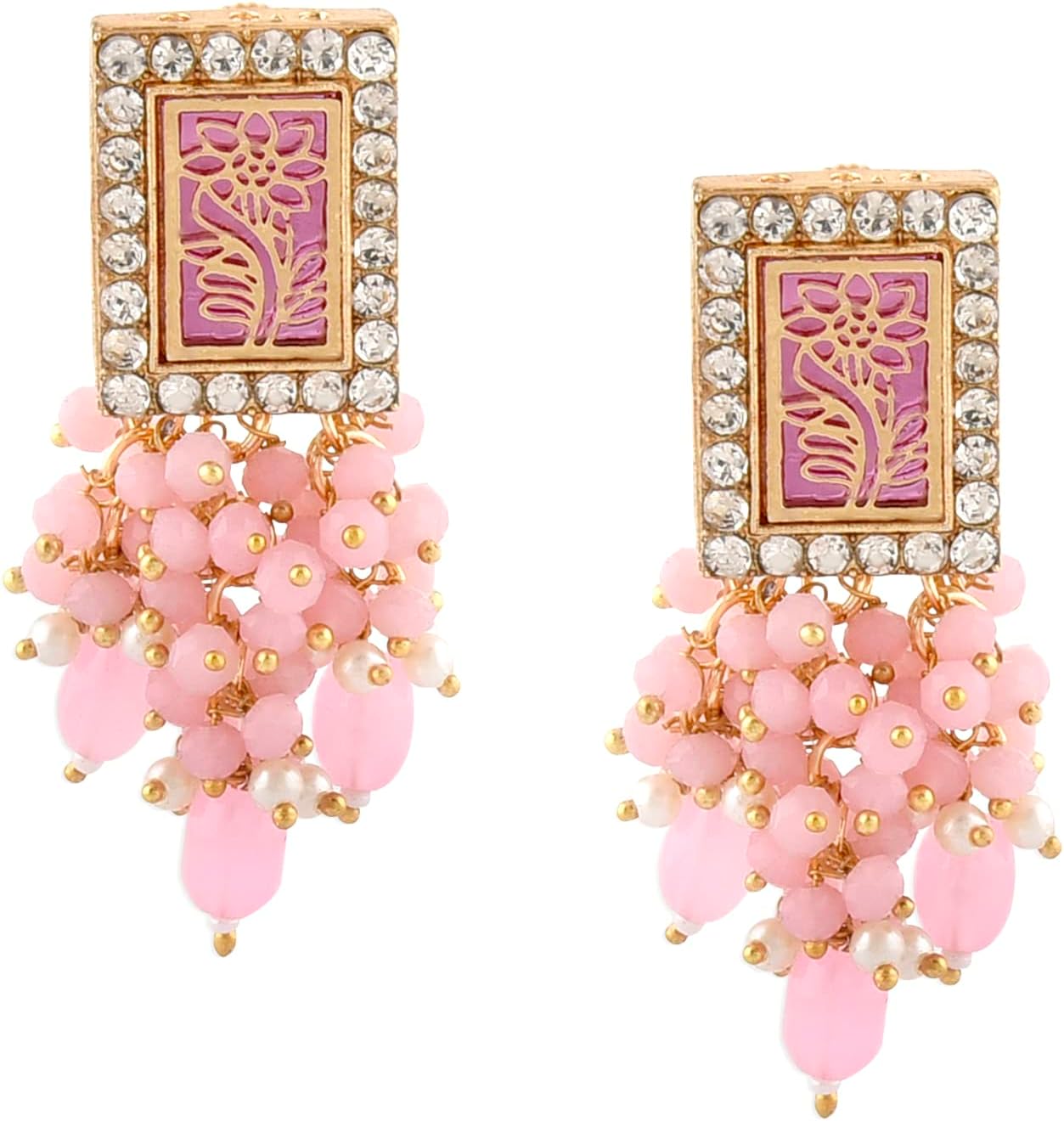ZAVERI PEARLS Pink Ethnic Dazzling Austrian Diamonds & Clustered Beads Drop Earring For Women-ZPFK15221