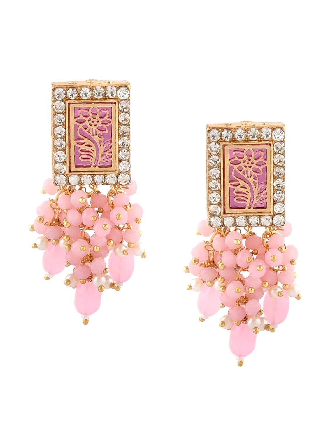 Zaveri Pearls Pink Ethnic Dazzling Austrian Diamonds & Clustered Beads Yellow Gold Drop Earring For Women-ZPFK15221