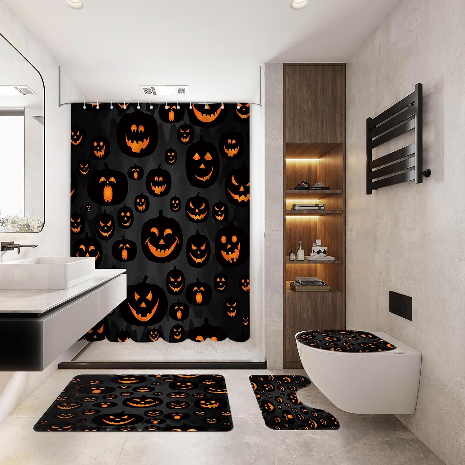 MEHOFOND 4pcs Halloween Shower Curtain Set, Pumpkin Bathroom Rug Sets image 2
