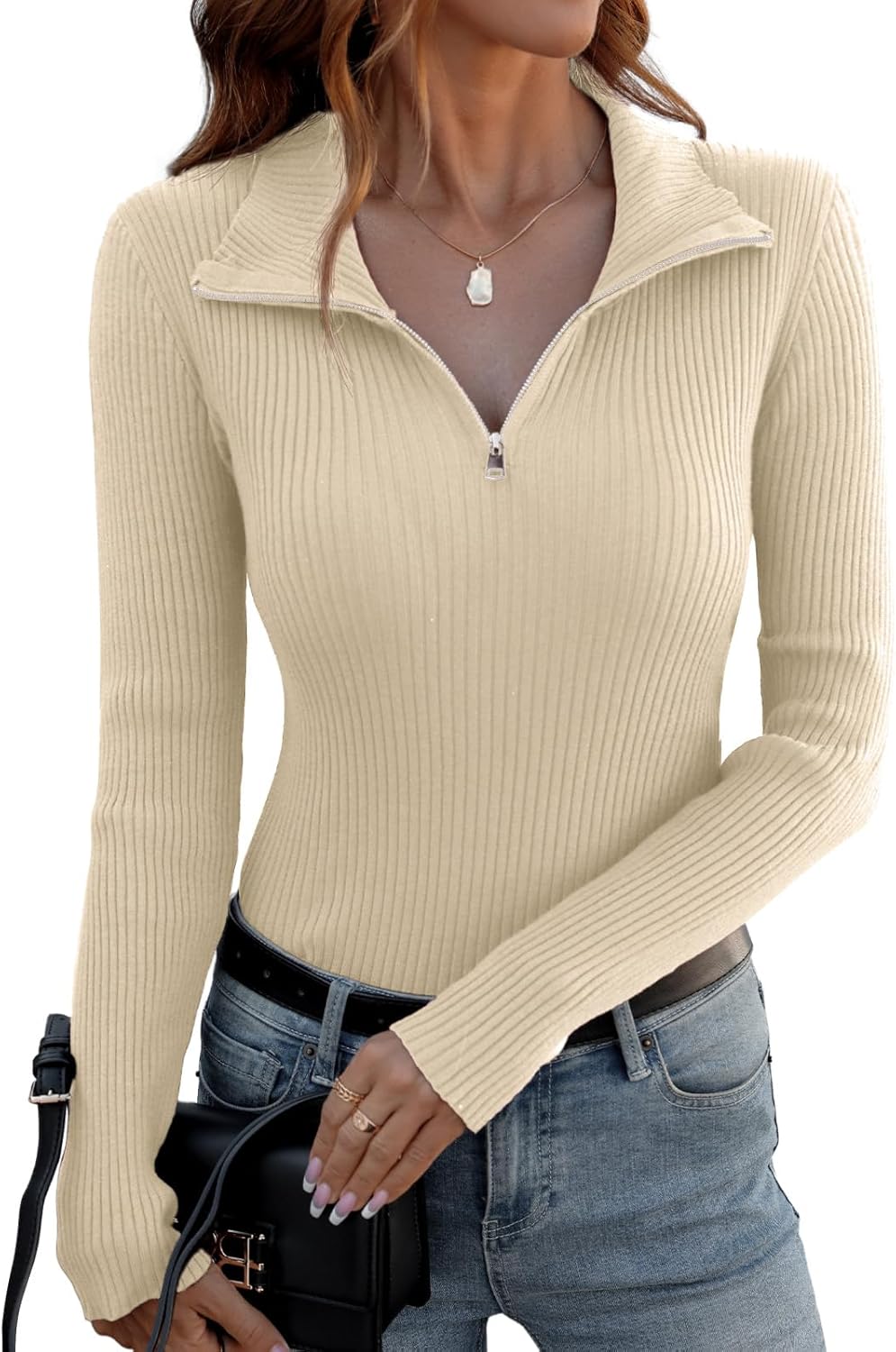 Ninee Womens Sweater Long Sleeve Knit 2025 Fall Quarter Zip Fitted Business Casual Work Warm Pullover Tops - Image 2