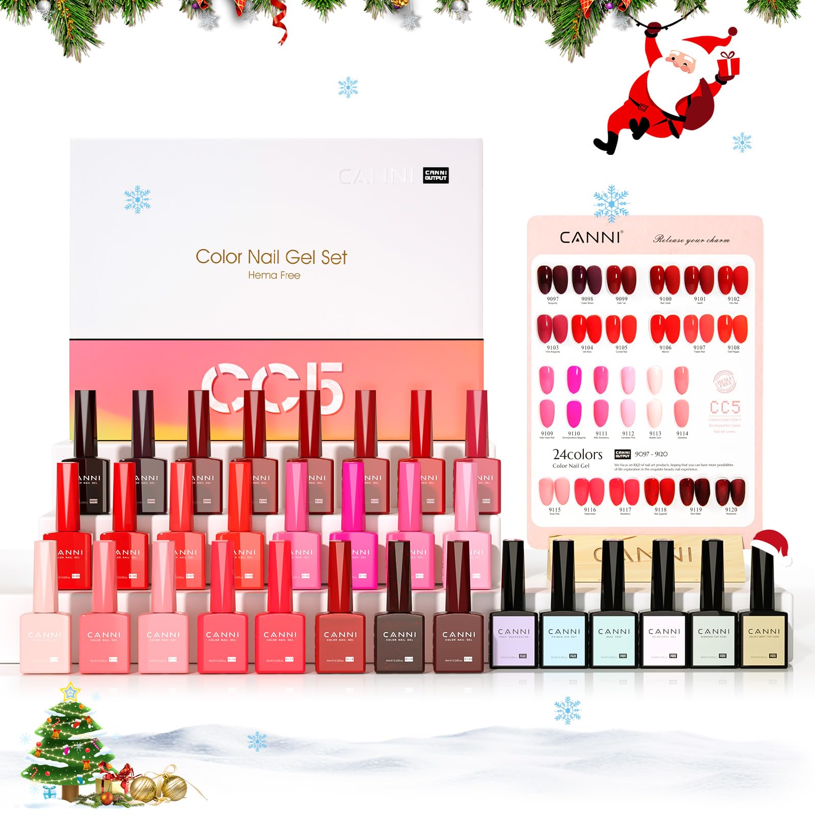 CANNI Juego de 24 esmaltes de uñas UV con purpurina color rojo púrpura y rosa con tarjeta de colores, base y capa superior brillante, capa superior mate, imprimación y deshidratador y gel reinforce,