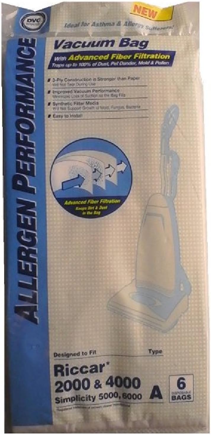 Riccar and Simplicity Type A HEPA Filtration Bags, 6 Pack