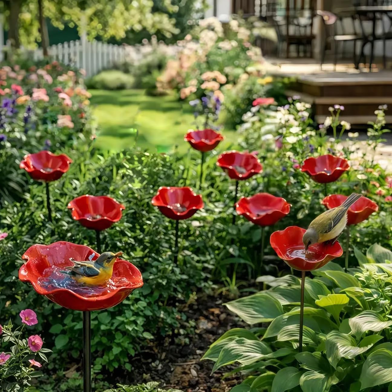 Blumen Gartenstecker Metall,Bienen Vogeltränke für Garten Flower Garden Stake Bird Bath Insektentränke Bienentränke Blumenschale Vogelfutterstation Wasser Futterspender Gartendeko für Draußen (10)