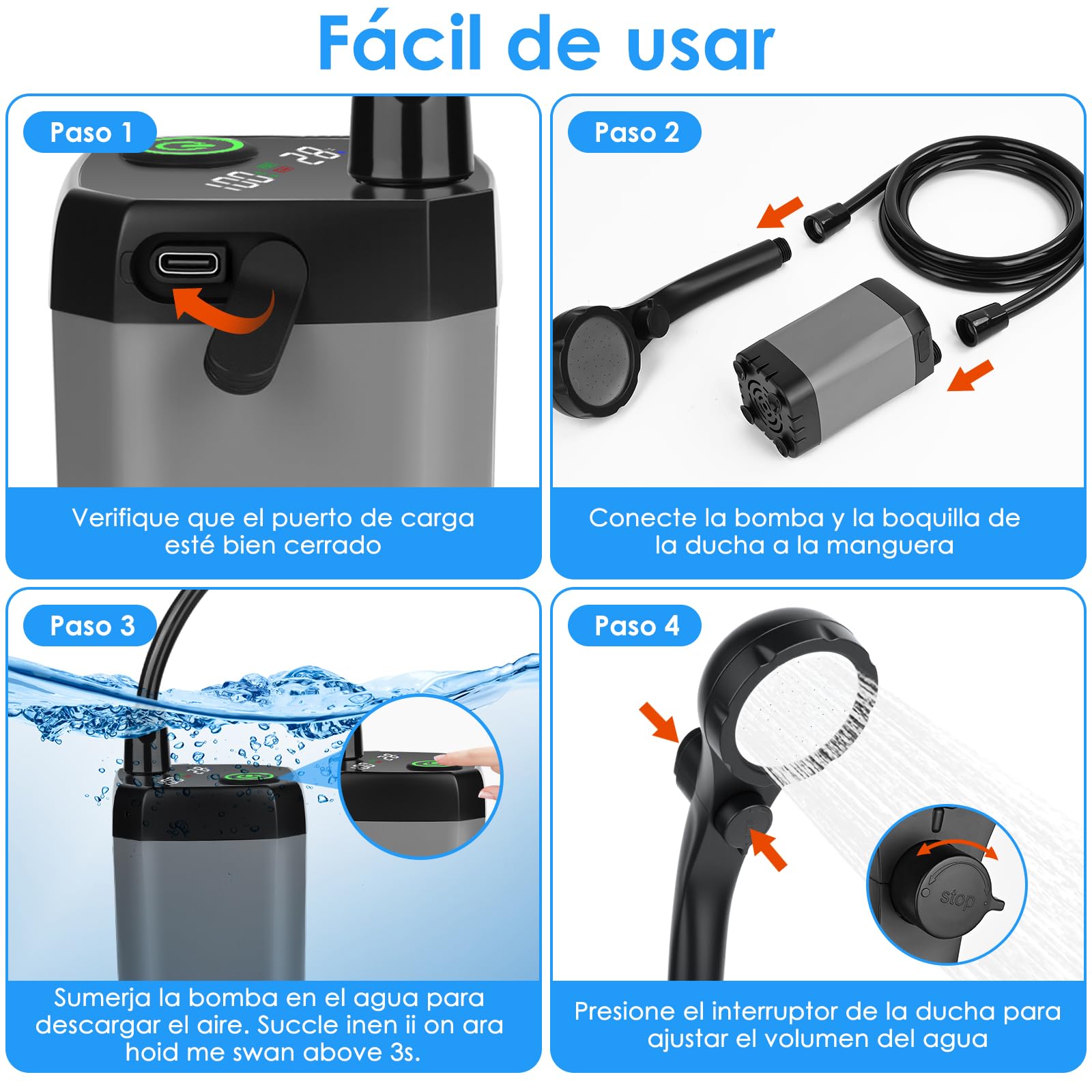 GuKKK Ducha Portatil Camping, 7800mAh Batería Recargable Ducha Camper, Ducha Camping con Pantalla LED Inteligente, Duchas de Exterior con Alcachofa y Manguera, para Camping Viajes jardín Coche Lavado