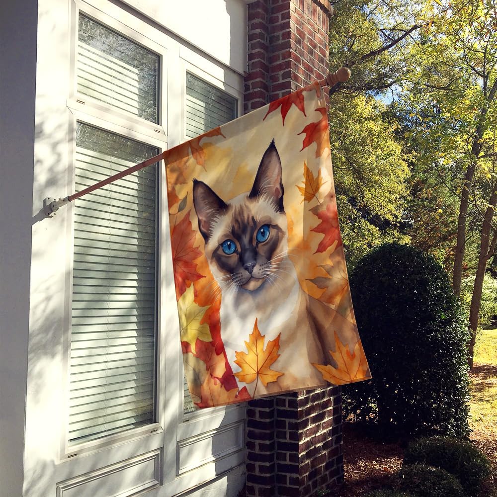Caroline's Treasures Siamese Cat in Fall Leaves House Flag Large Porch Sleeve Pole Decorative Outside Yard Banner Artwork Wall Hanging, Polyester, House Size, Multicolor