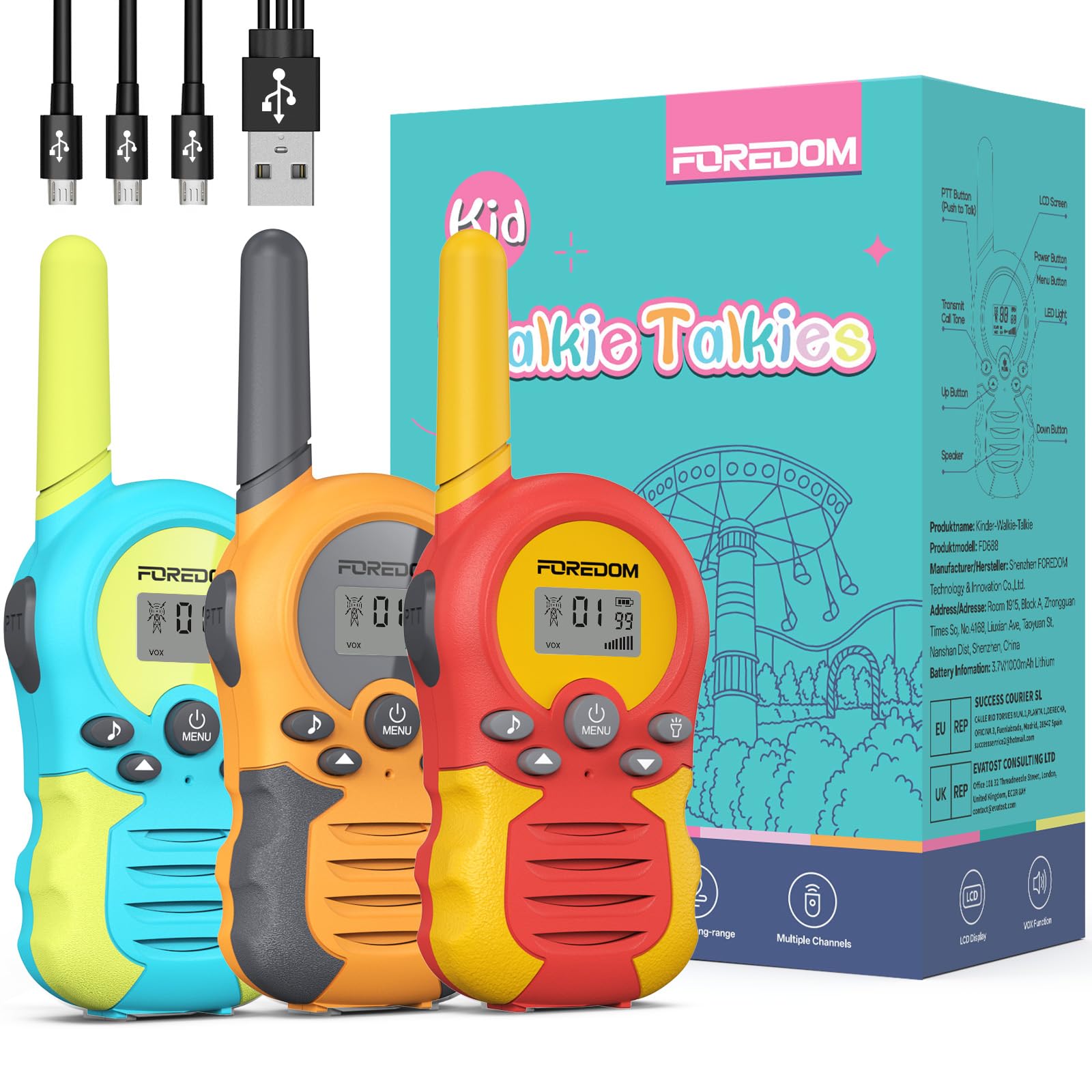 FOREDOM Walkie Talkie Ricaricabili per Bambini con Lunga Portata per Ragazzi e Ragazze da 3 a 12 Anni Regalo di Compleanno – Confezione da 3