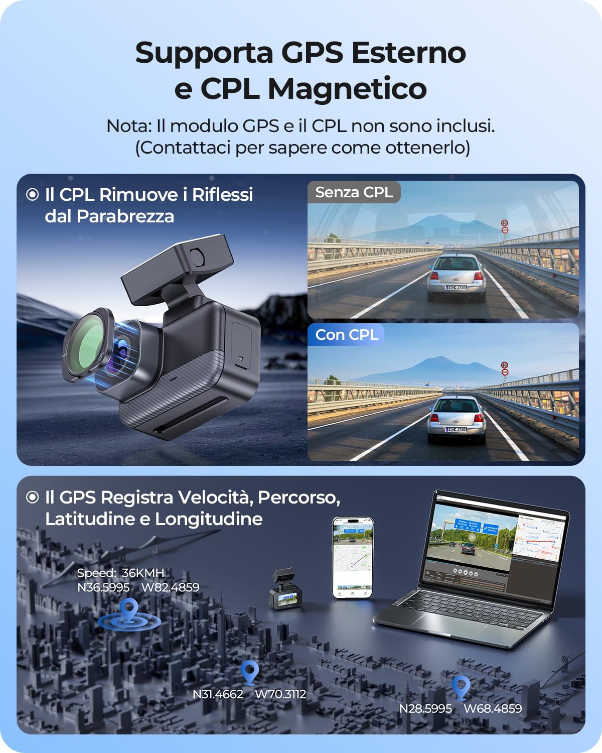 2K Wi-Fi Mini Dash Cam Auto, Telecamera con App, Compatibile con CPL e GPS Esterni, Supporti Magnetici, Visione Notturna WDR, Sorveglianza Parcheggio 24h, Supercondensatore, Angolo 170°