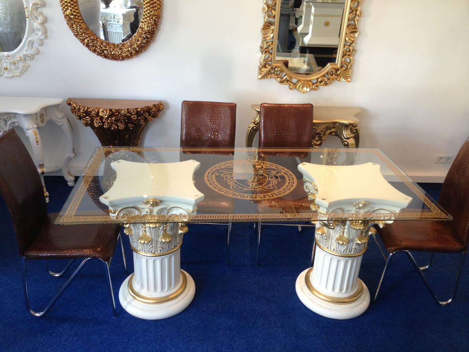 Lexus Esstisch Glastisch, Säulentisch, Designertisch Wohnzimmertisch Kanzleitisch, Praxistisch 100% Handgefertigt Antik Stil Retro Medusa Mäander Versac, 6031
