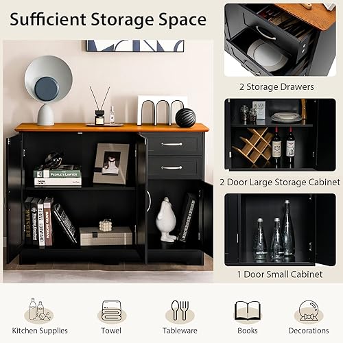 Miniatura 6 de Giantex Credenza - Organizador de muebles de cocina comedor armario de entrada con armario de 2 puertas y 2 cajones negro y natural