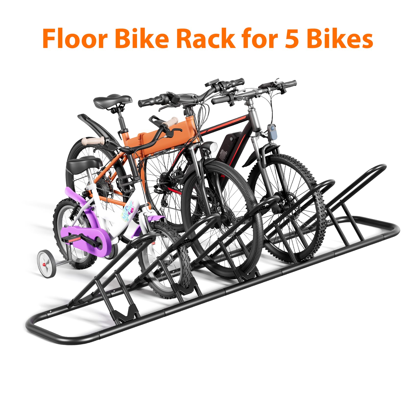 Mr IRONSTONE Fahrradständer, Boden-Fahrradträger für Garage, Indoor/Outdoor, Fahrradaufbewahrungsständer, Fahrrad-Parkständer, für Mountainbike, Rennrad und Kinderfahrrad (schwarz, 5 Fahrräder)