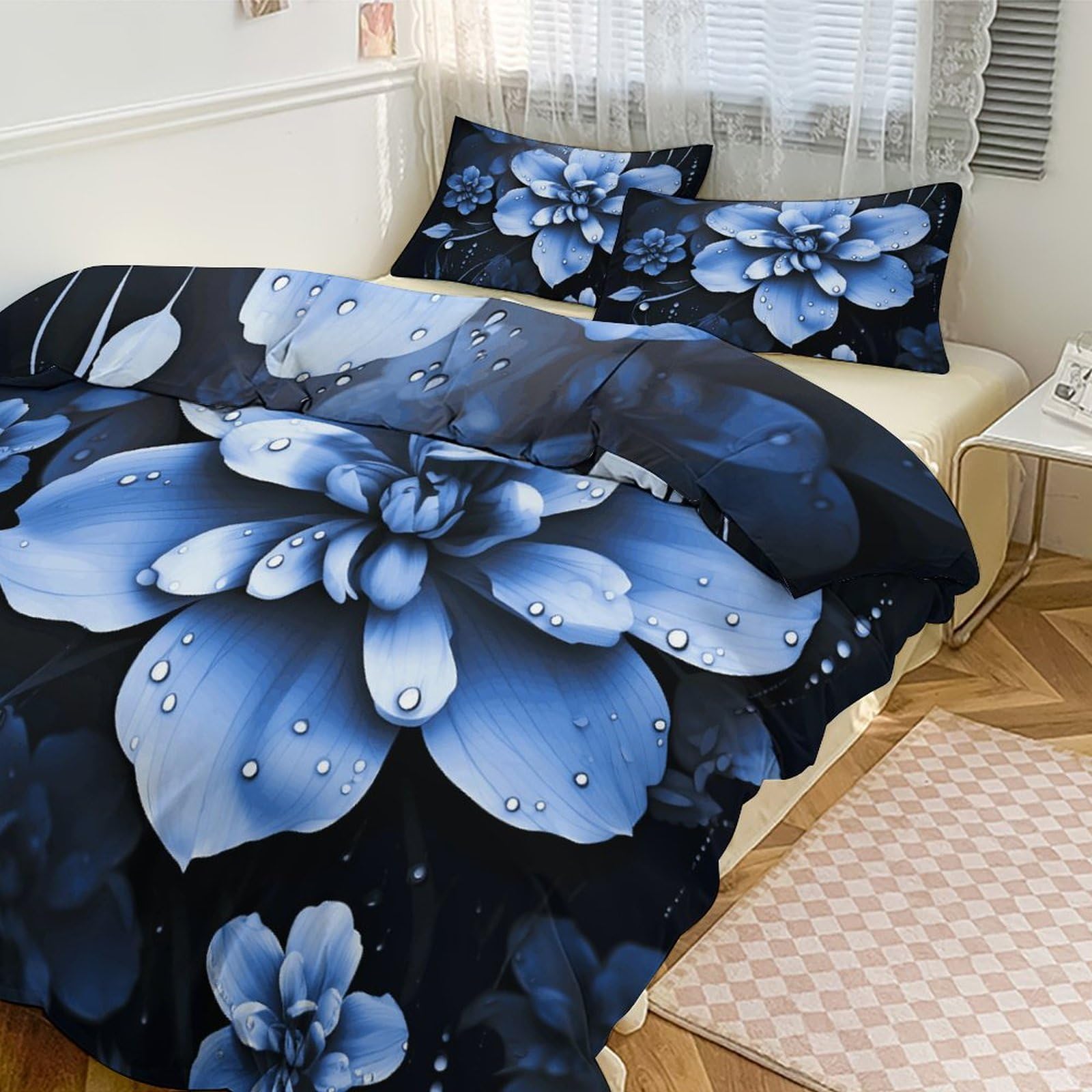 Housse de couette grand lit 3 pièces aux finitions soignées floral bleu et zip