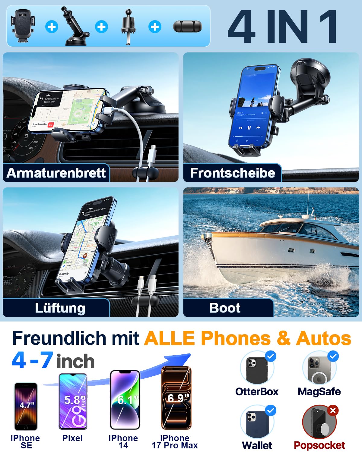【Classe militare 2026】Supporto per cellulare da auto. Ventosa forte e clip di ventilazione | Supporto per cellulare da auto, a 360°, per iPhone 17, 16, 15, 14 Pro Max, ecc., nero chiaro