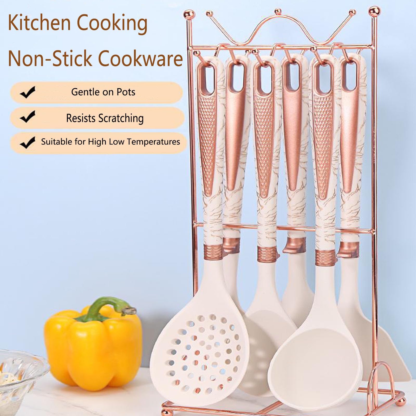 Silikon Küchenhelfer Set,7 Stück Silikon Küchenutensilien Kochbesteck Set Hitzebeständiger Kochbesteck Set Mit Utensilienhalter, Gesund & Antihaft, Spülmaschinengeeigne
