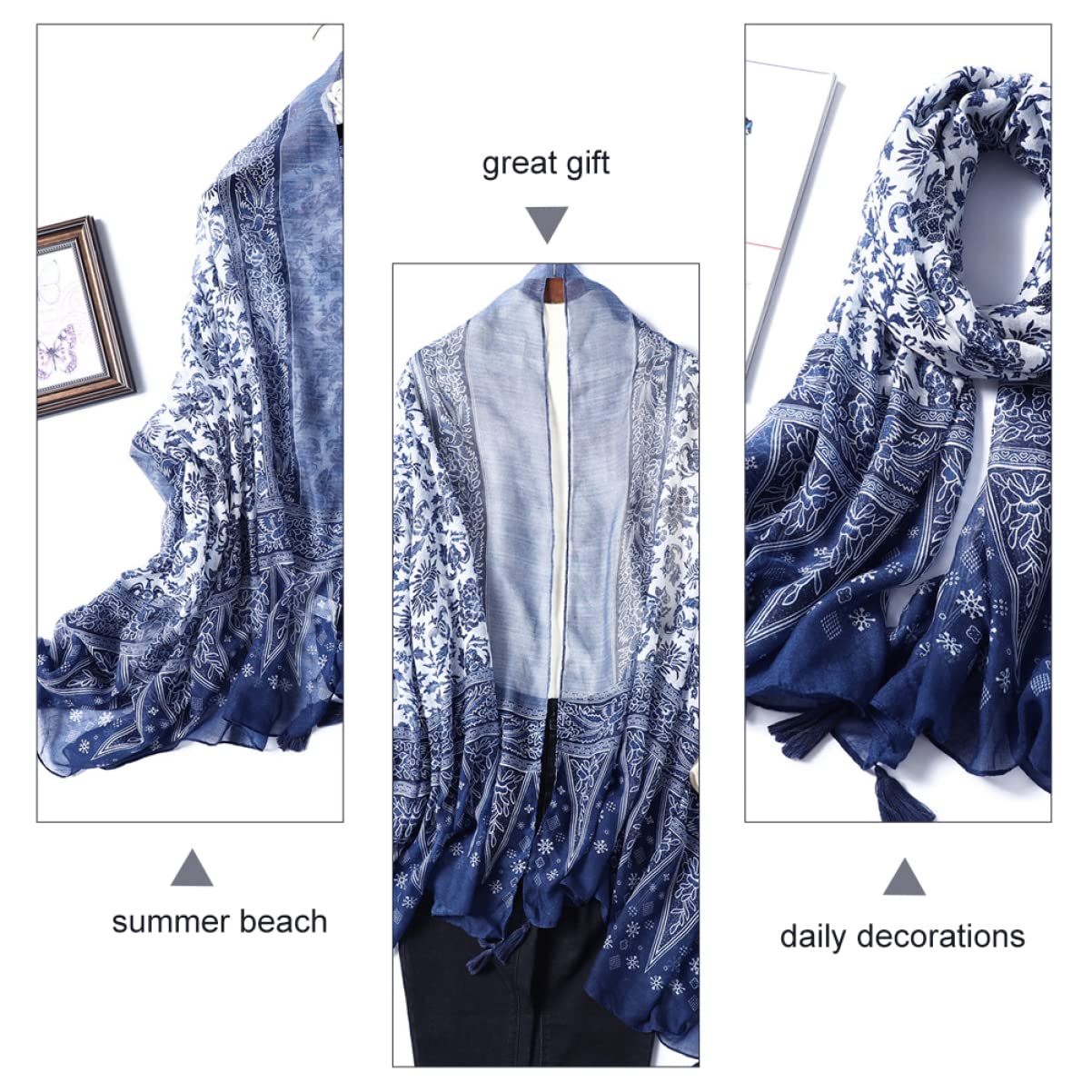 GALPADA 3pezzi Sciarpa Lunga Cotone Con Motivo Porcellana Blu e Bianco Elegante Sciarpa Frangia Femminile Per Picnic Spiaggia e Attività All Aperto
