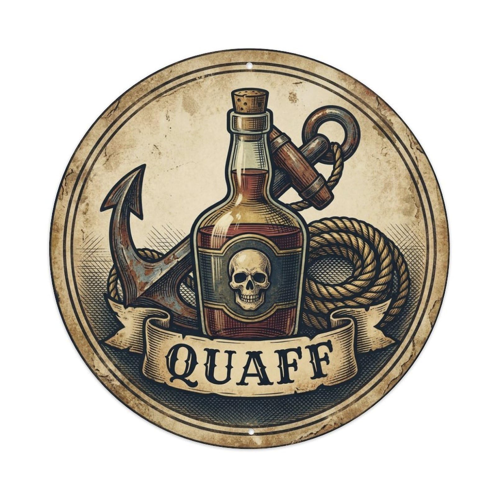 Quaff Rum Bottle Anchor Rope High Seas Buccaneer Metal Tin Sign