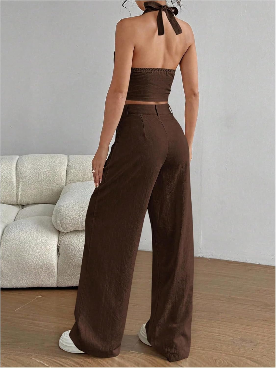 SweatyRocks Women's 2 Piece Outfits Button Front Tie Backless Crop Halter Top and Straight Leg Pants Set